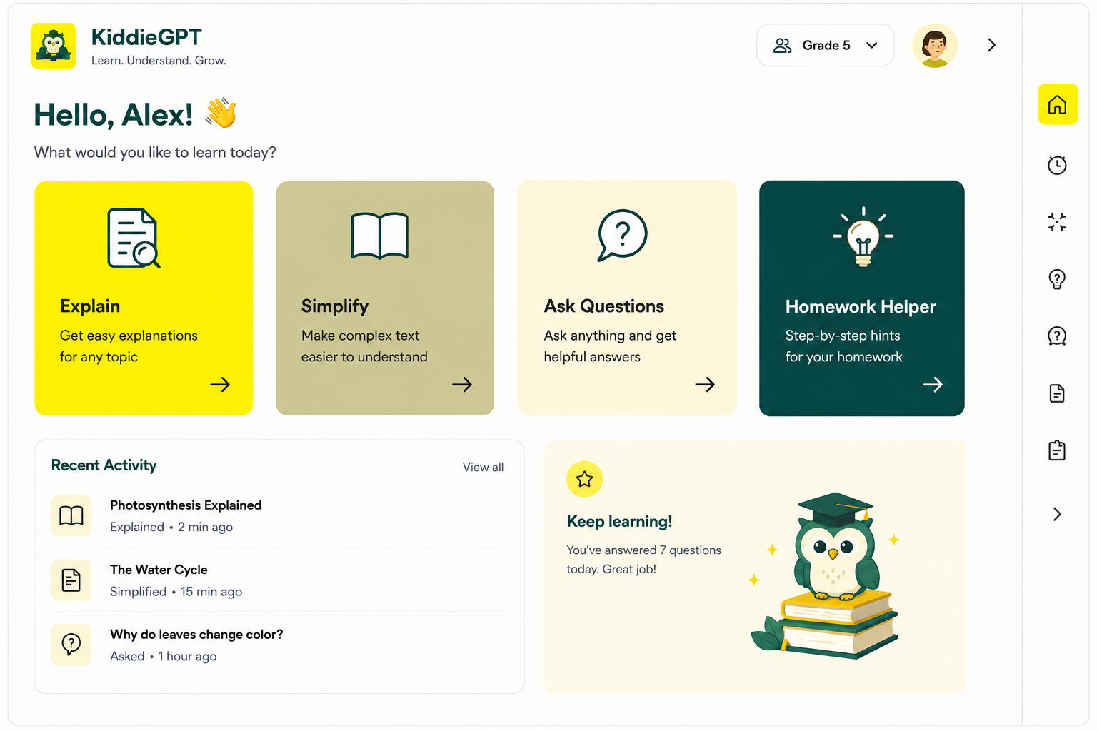 KiddieGPT learning dashboard and tools