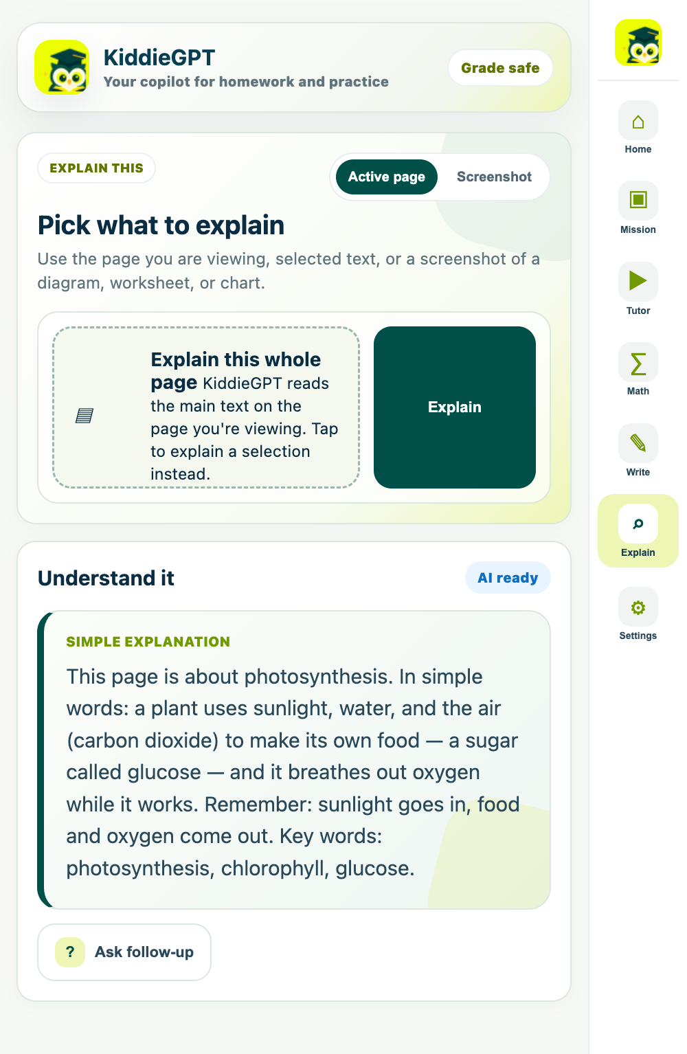 A photosynthesis explanation in KiddieGPT