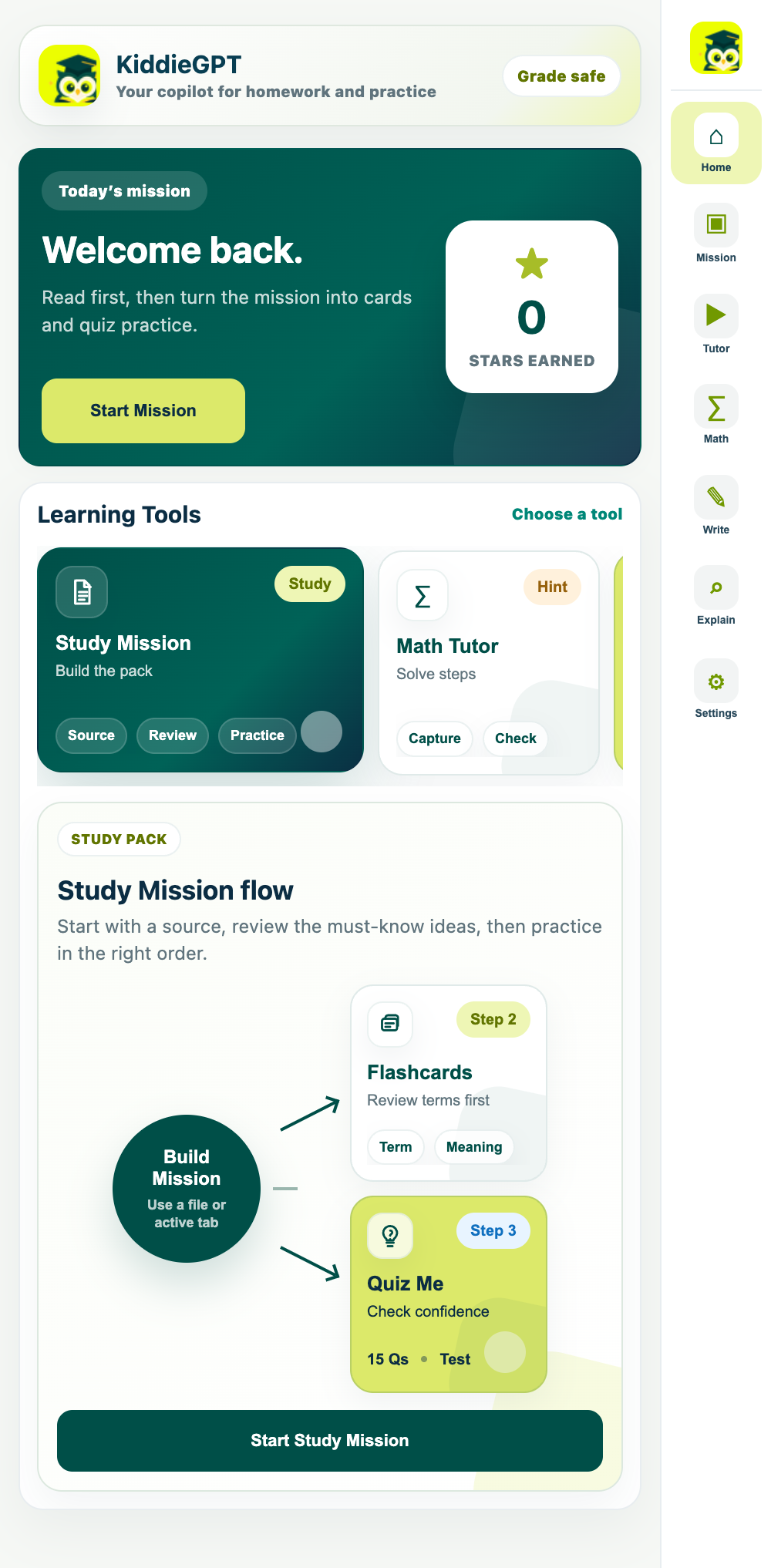 KiddieGPT home dashboard showing study missions and learning tools