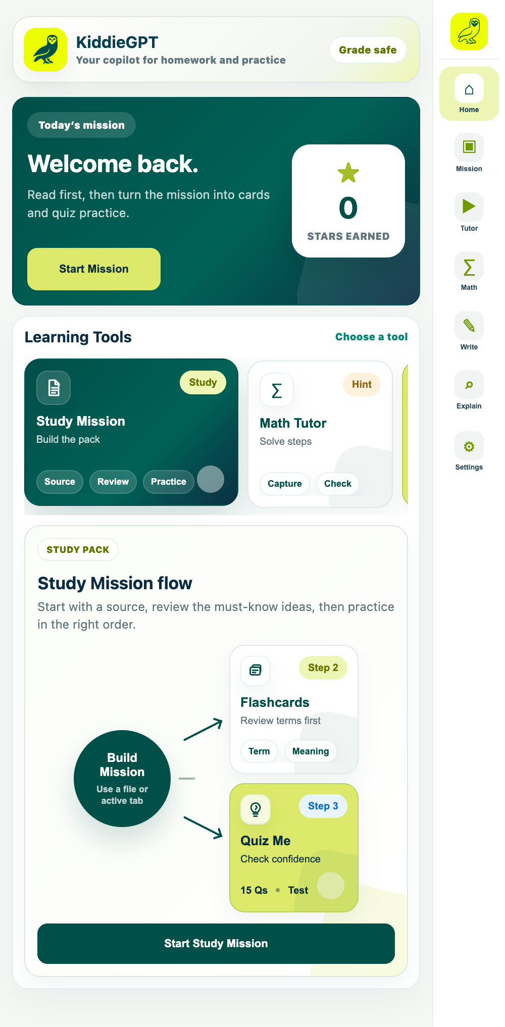 KiddieGPT study mission dashboard