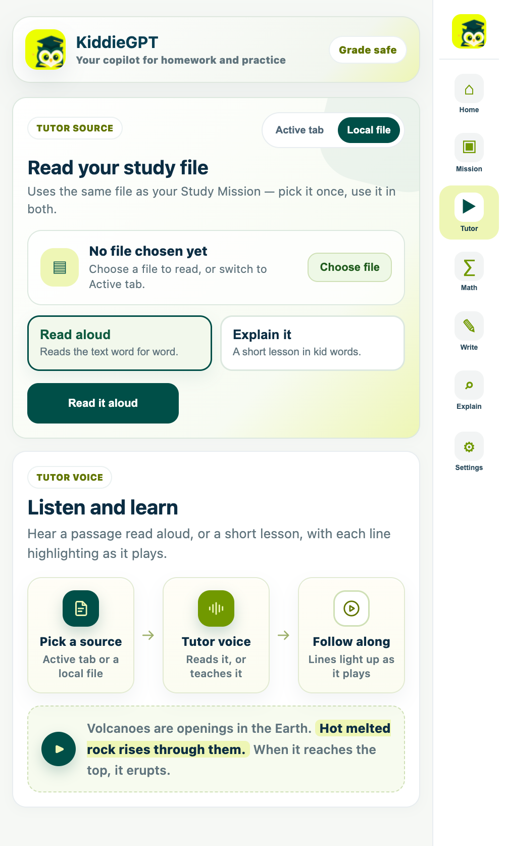 KiddieGPT tutor and read aloud view